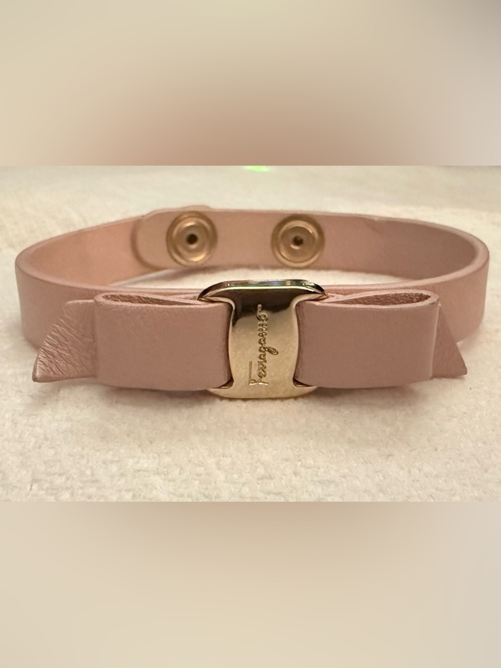 Salvatore Ferragamo Pink Leather Bow Bracelet with Gold Tone Logo